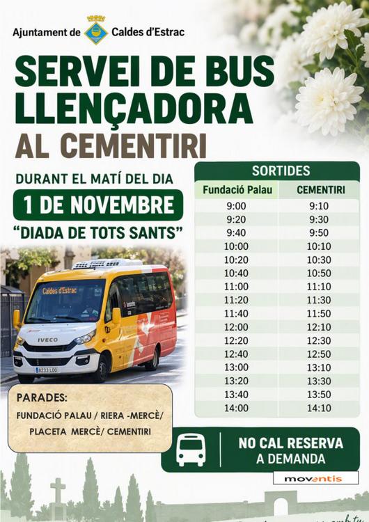 Cartell horari del servei de bus llen&ccedil;adora al cementiri